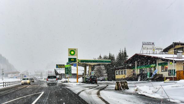 snowy bp gas station